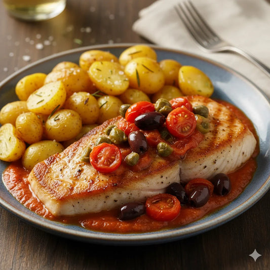 Gebratenes Schwertfischsteak mit Kapern, Oliven und Tomatenbutter