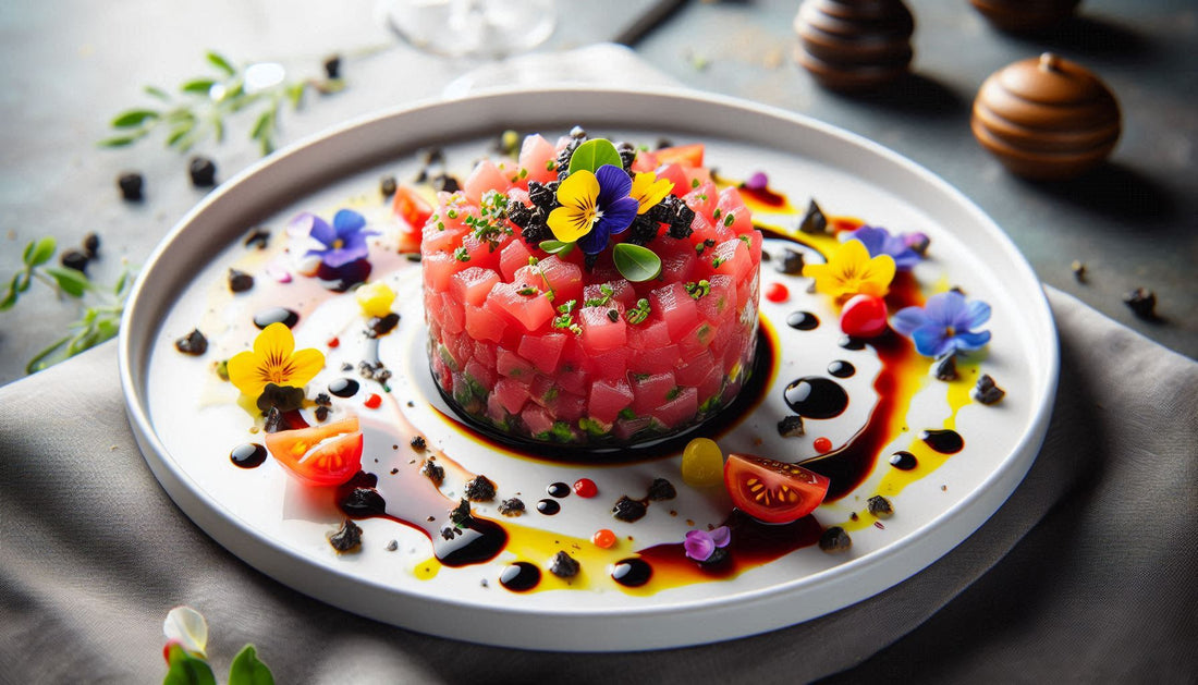 Thunfischtatar mediterran mit schwarzen Schalottenzwiebeln