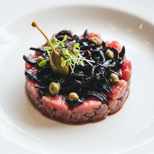 Thunfischtatar mediterran mit schwarzen Schalottenzwiebeln